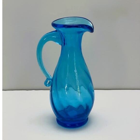Vintage Italian Hand Blown Art Glass Turquoise Blue Swirl Mini  Pitcher (1970s) - Picture 2 of 5